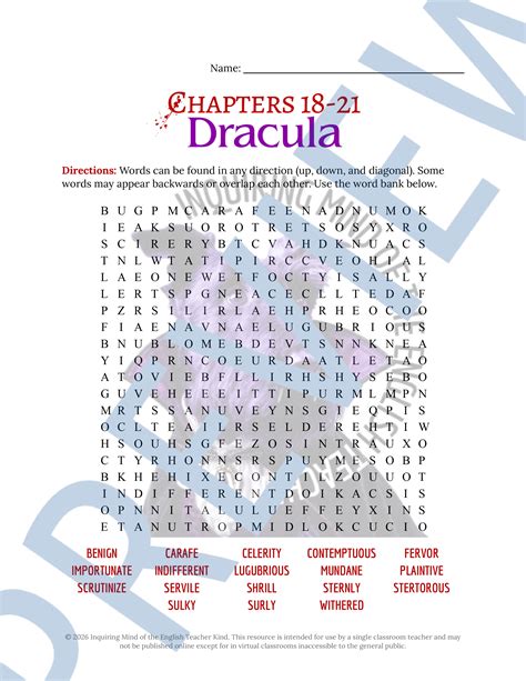 Dracula Chapters 18, 19, 20, and 21 Vocabulary Worksheet, Crossword