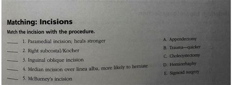 Solved Matching Incisions Match The Incision With The Procedure 1