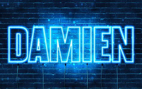 Damien With Names Horizontal Text Damien Name Blue Neon Lights With