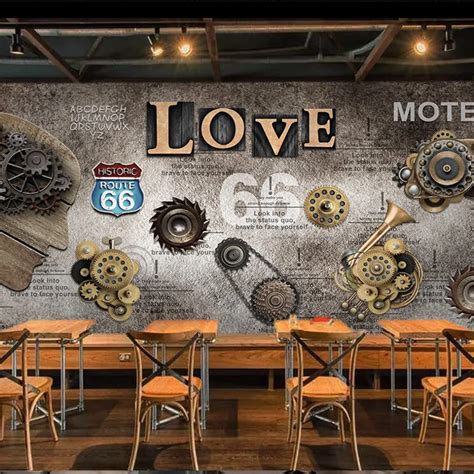 Free Shipping Custom Mural Retro Industrial Style Gear LOVE Background Wallpaper Decorative ...