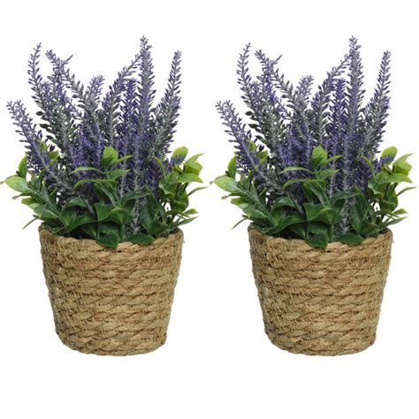 2x Lavendel Kunstplant In Gevlochten Plantenmand Paars D12 X H26 Cm