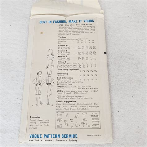 Vogue Sewing Pattern 5741 Vintage 40's 50's One Piece Dress and Dickey