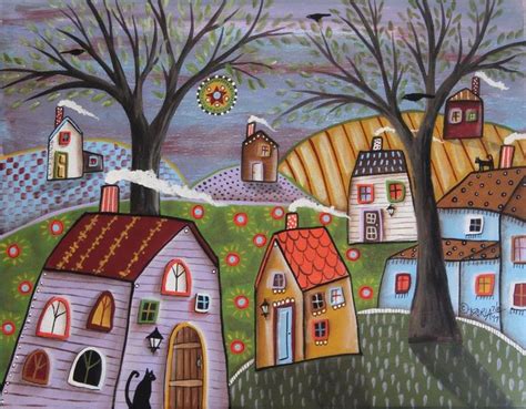 Saturday 11x14 ORIGINAL CANVAS PAINTING houses trees cats FOLK ART ...