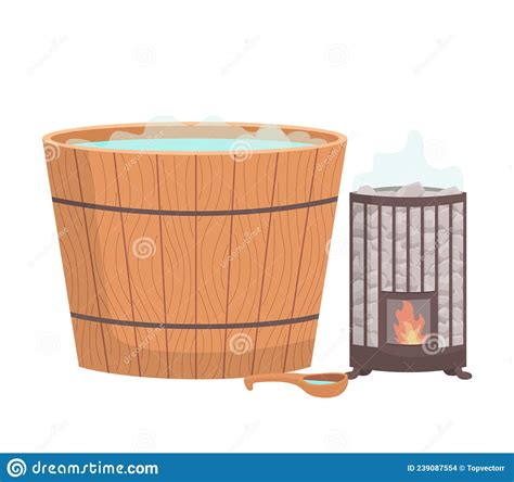 Wooden Tub For Bath Pot Bucket With Hot Blue Water And Oven With Fire Sauna Water Basin Icon