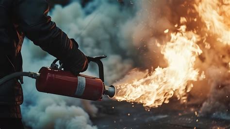 Man Using Fire Extinguisher Fighting Fire Closeup Photo Premium Ai