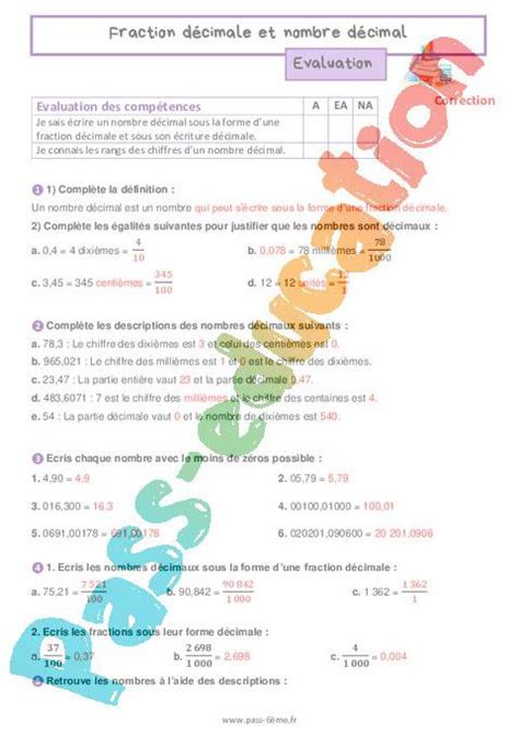 Fraction Décimale Et Nombre Décimal Évaluation Bilan 6ème Avec La Correction Pdf à