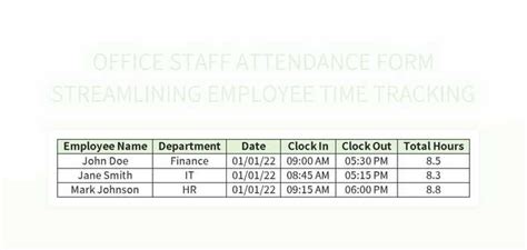 Office Staff Attendance Form Streamlining Employee Time Tracking Excel