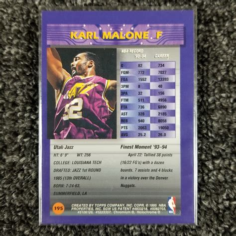 Karl Malone Card 1994 95 Topps Finest 195 Refractor NBA Basketball HOF