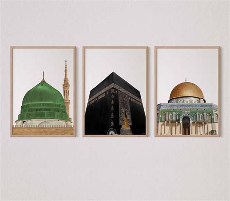 Set Of 3 Printable Islamic Landmarks Kaaba Mecca Dome Of The Etsy Islamic Paintings Dome Of