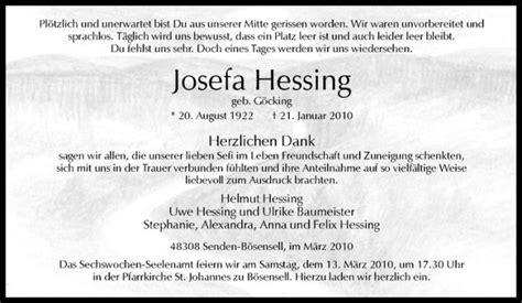 Traueranzeigen Von Josefa Hessing Trauer Ms