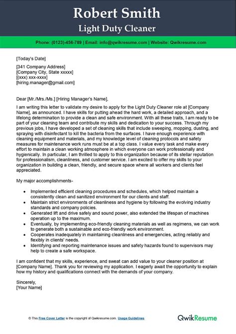 Light Duty Cleaner Cover Letter Examples Qwikresume