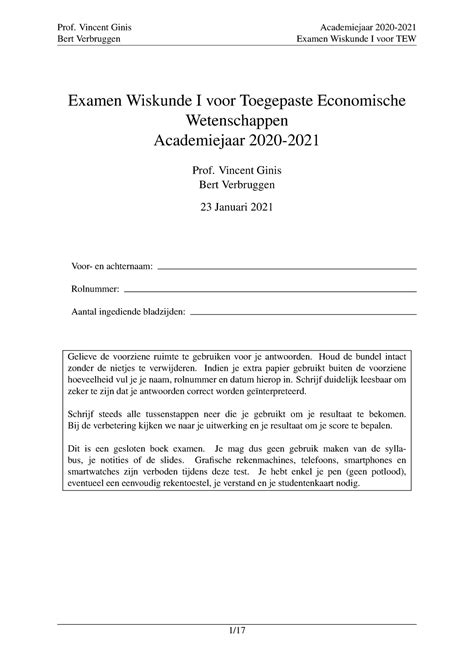 Examen Wiskunde 1 TEW Jan2021 Bert Verbruggen Examen Wiskunde I Voor