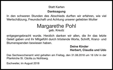 Traueranzeigen Von Margarethe Pohl Aachen Gedenkt