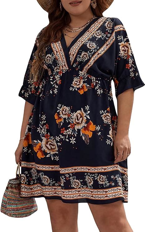 Oyoangle Women S Plus Size Boho Floral Print High Waist V Neck Flared A