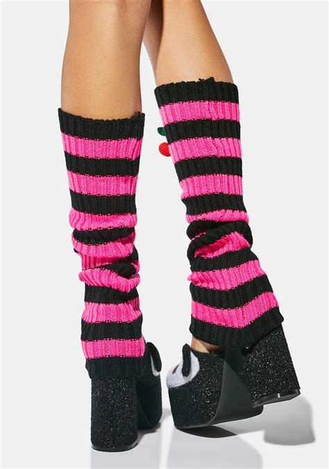 Striped Knit Cherry Pom Pom Leg Warmers Pinkblack Dolls Kill