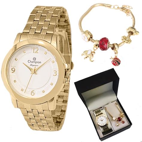 Rel Gio Champion Feminino Dourado Kit Semijoias Elegance Cn W