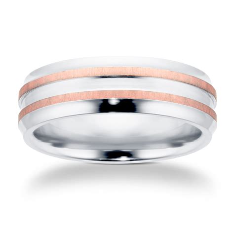 Goldsmiths 7mm Gents Titanium Wedding Ring With 9 Carat Rose Gold Lines