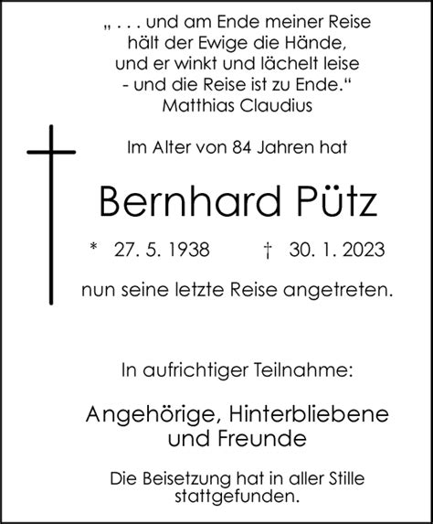 Traueranzeigen von Bernhard Pütz Trauer in NRW de