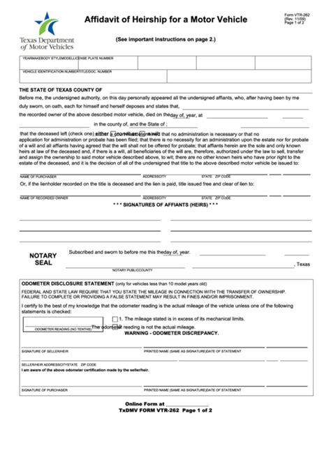 Fillable Form Vtr Affidavit Of Heirship For A Motor Vehicle