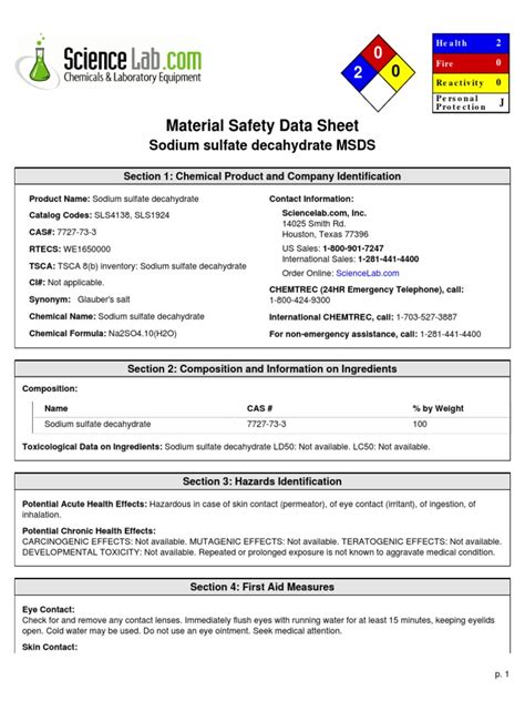 Sodium Sulfate Decahydrate Msds Section 1 Chemical Product And