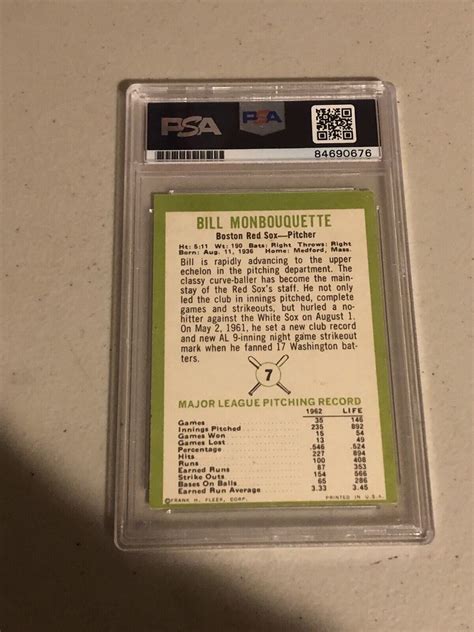 BILL MONBOUQUETTE 1962 FLEER SIGNED AUTOGRAPH TRADING CARD PSA COA SLAB