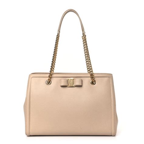 Salvatore Ferragamo Hammered Calfskin Vara Bow Chain Tote Macadamia