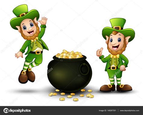 Happy Cartoon Leprechauns With Pot Of Gold Coins — Stock Vector