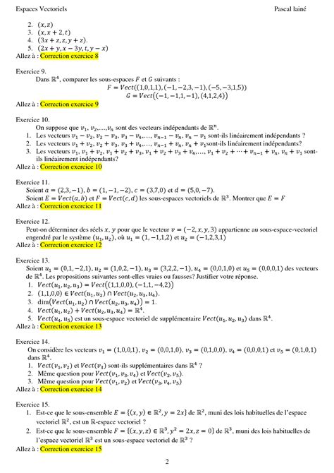 SOLUTION Exercices Corriges Espaces Vectoriels Studypool