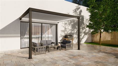 Pérgola Bioclimática Adosada Génova 4x3 M Gris Con Lamas En Blanco