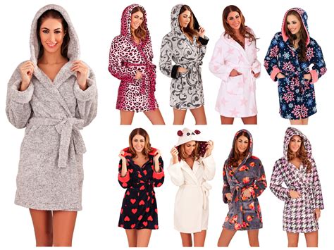 Womens Short Hooded Dressing Gown Bath Robe Housecoat Belt Ladies