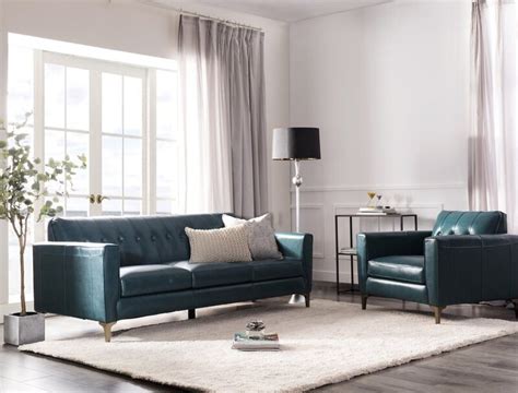 Teal Leather Sofa with Matching chair Modern Living Room Set Blue ...