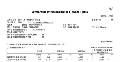 日本スキー場開発 6040 ：2023年7月期第1四半期決算短信〔日本基準〕（連結） 2022年12月9日適時開示 ：日経会社情報