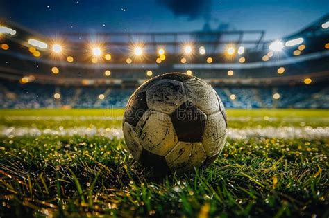 Ball On The Green Field In Soccer Stadium Ready For Game In The