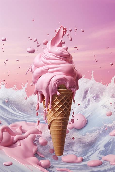 Helado En Un Cono De Gofre Con Salpicaduras Y Gotas De Pintura Rosa