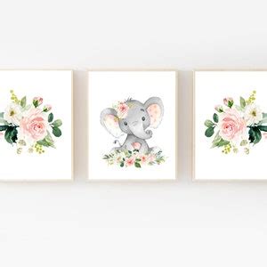 Pink Floral Elephant Wall Art Watercolor Elephant Print Blush Pink Wall