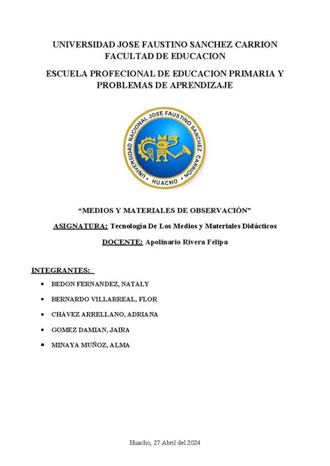 Medios Y Materiales De Observación Universidad Jose Faustino Sanchez Carrion Facultad De