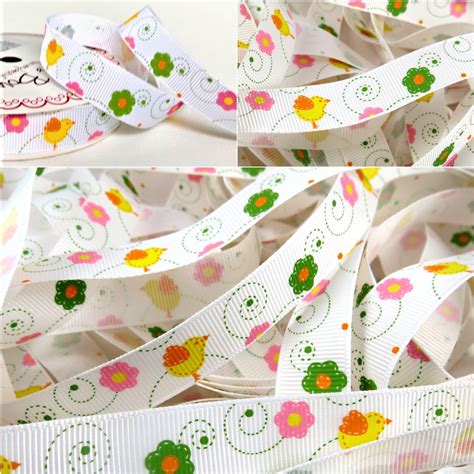 Berties Bows 16mm Chick And Flowers Print Grosgrain Ribbon