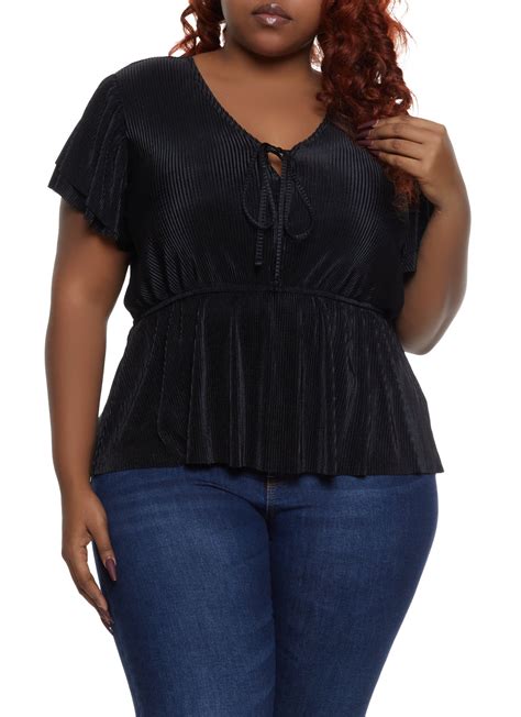 Plus Size Plisse Tie Front Tiered Sleeve Top