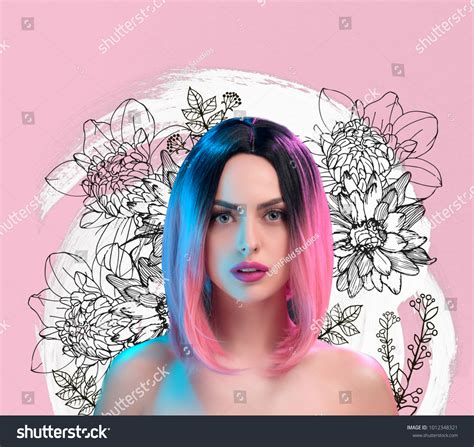 Portrait Attractive Nude Woman Pink Wig Stock Photo