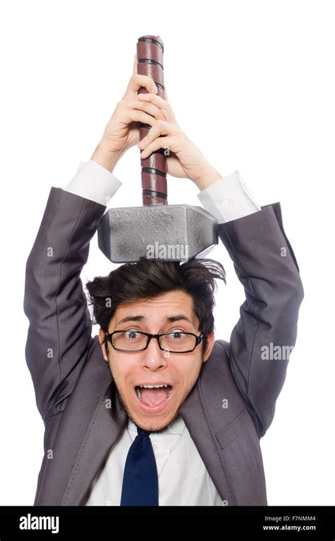 Business Man Holding Hammer Isolated On White Stock Photo Alamy