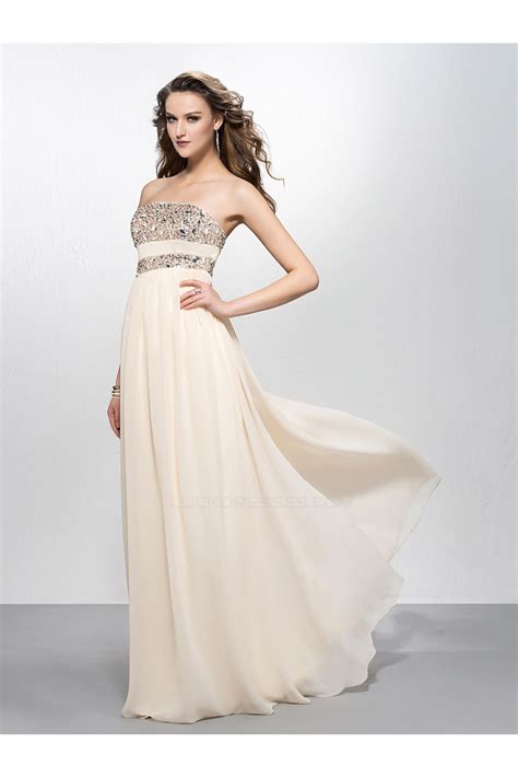 A Line Strapless Beaded Long Chiffon Prom Evening Formal Party Dresses