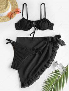 ZAFUL Tie Front Ruffles Mesh Underwire Three Piece Bikini Swimwear In