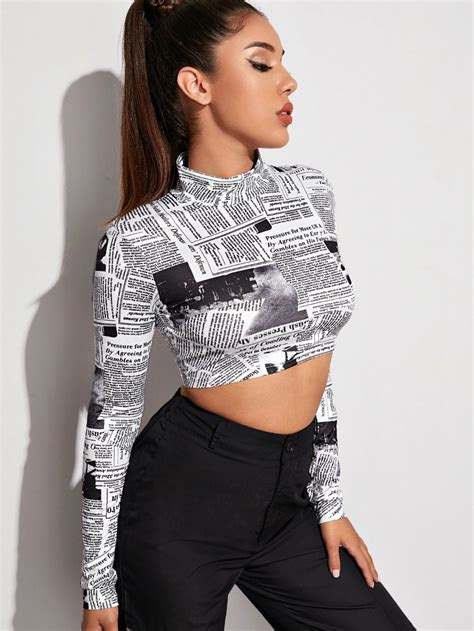 Mock Neck Newspaper Print Crop Tee Fashion Inspo Outfits Teenage