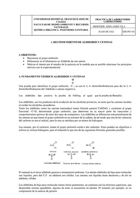 Practica No Reconocimiento De Aldehidos Y Cetonas Reconocimiento