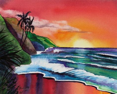 Kauai Fine Art by Marionette: Na Pali Coast Sunset Original Watercolor Paintings