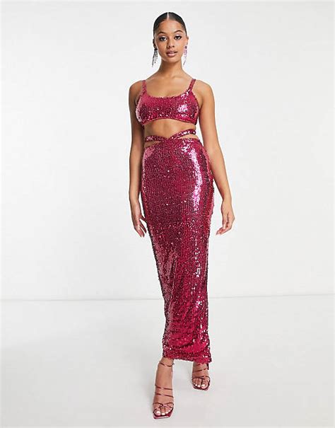 Simmi Tall Summer Sequin Bralet And Cut Out Waist Maxi Skirt Set In Pink Asos