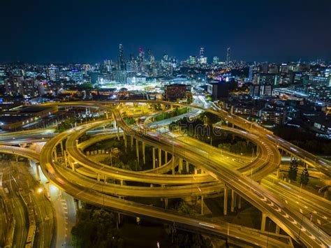 Aerial View of Brisbane City and Highway Traffic at Night Stock Photo ...