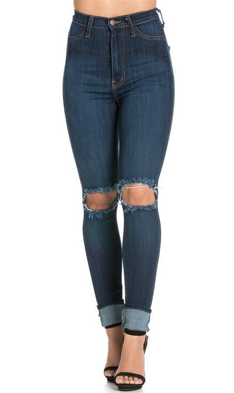 Ripped Knee Super High Waisted Skinny Jeans Plus Sizes Available D