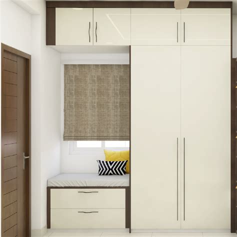 Modern Hinged Wardrobe With Fabric Seating And Lofts Livspace