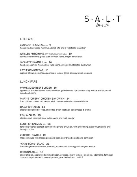 Menu At Salt Restaurant And Bar Marina Del Rey